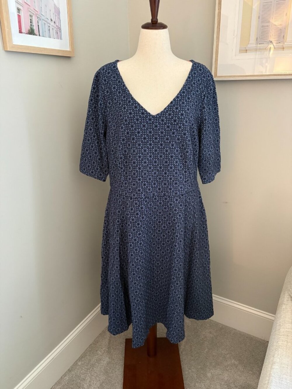 Boden Blue Jacquard Fit & Flare Dress US 18L UK 22L V-Neck Side Zip Midi